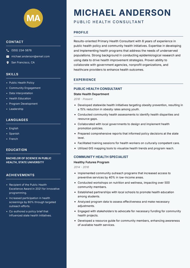 Primary Health Consultant Resume Preview Example