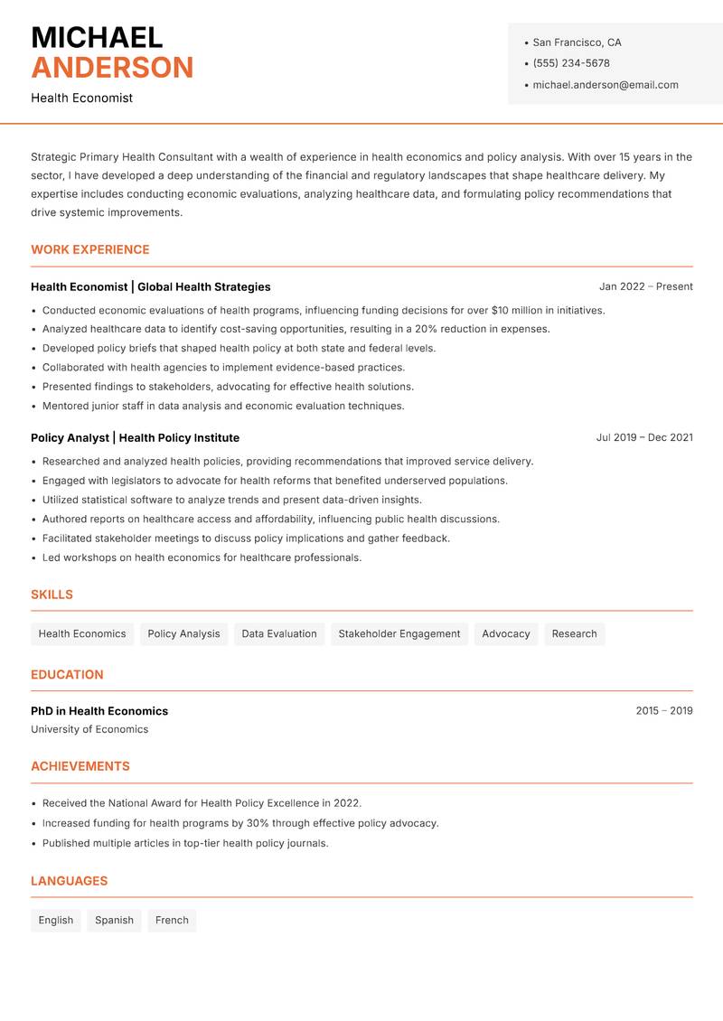 Primary Health Consultant Resume Template