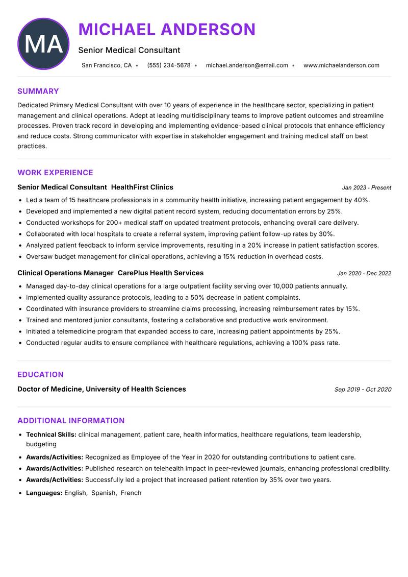 Primary Medical Consultant Resume Preview Example