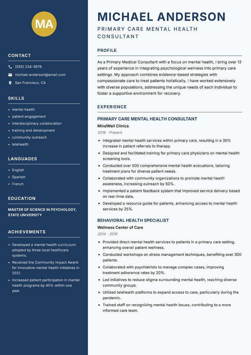 Primary Medical Consultant Resume Preview Example
