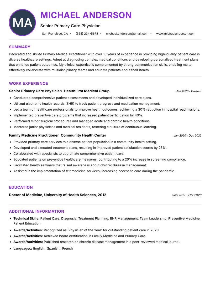 Primary Medical Practitioner Resume Preview Example