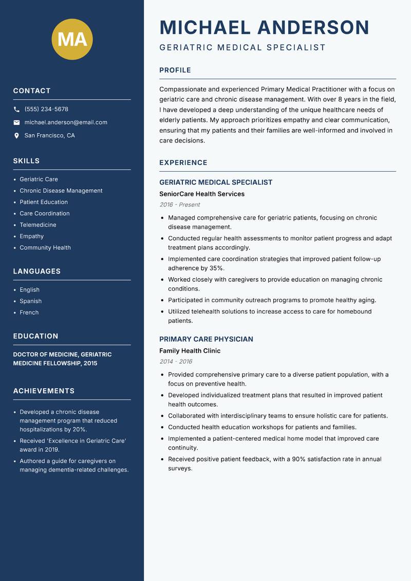 Primary Medical Practitioner Resume Preview Example