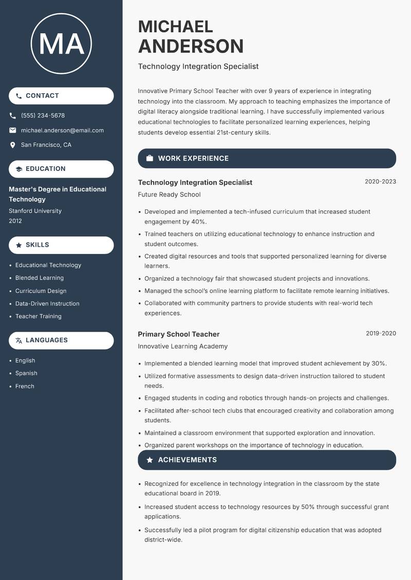 Primary School Teacher Resume Preview Example