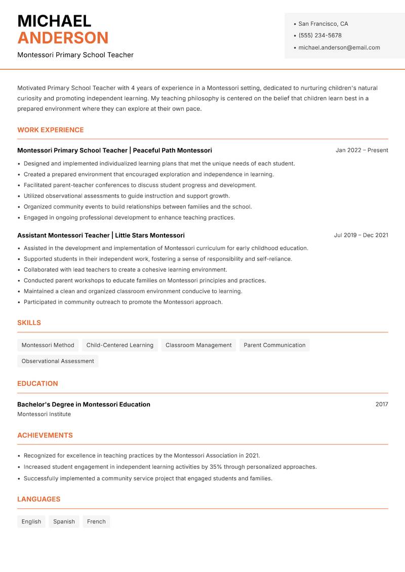 Primary School Teacher Resume Template