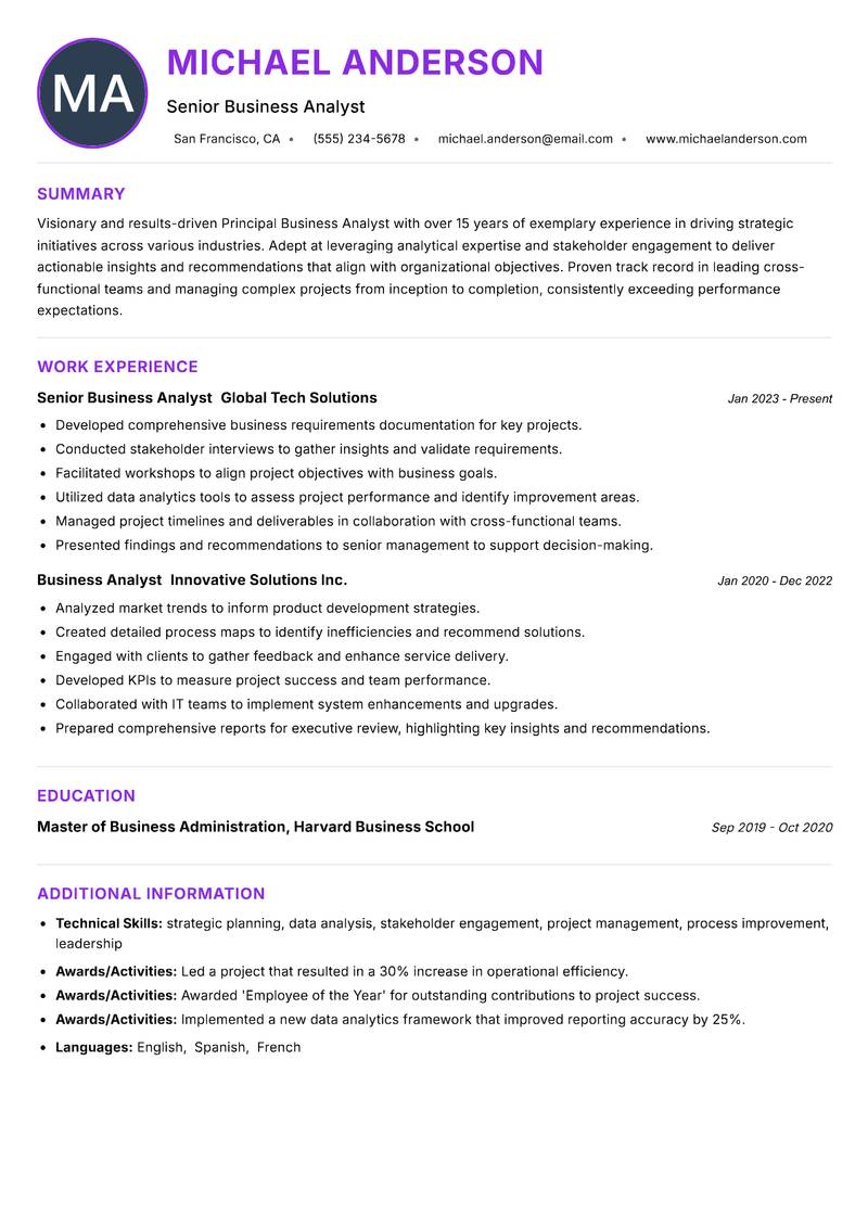 Principal Business Analyst Resume Preview Example