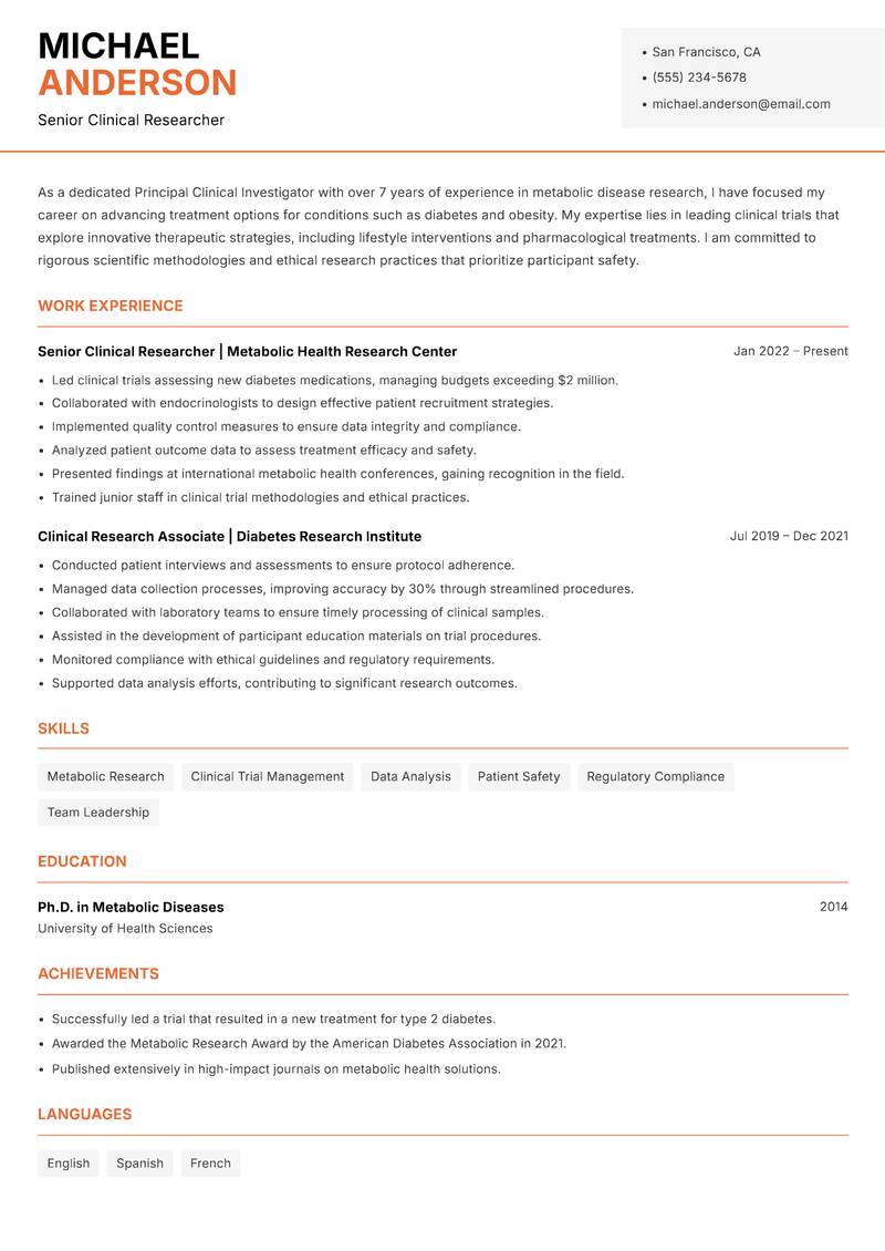 Principal Clinical Investigator Resume Template