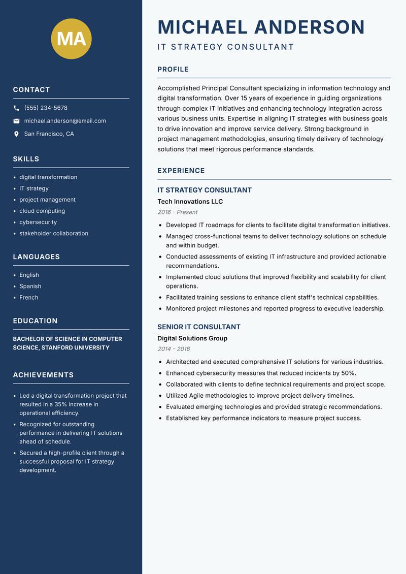 Principal Consultant Resume Preview Example
