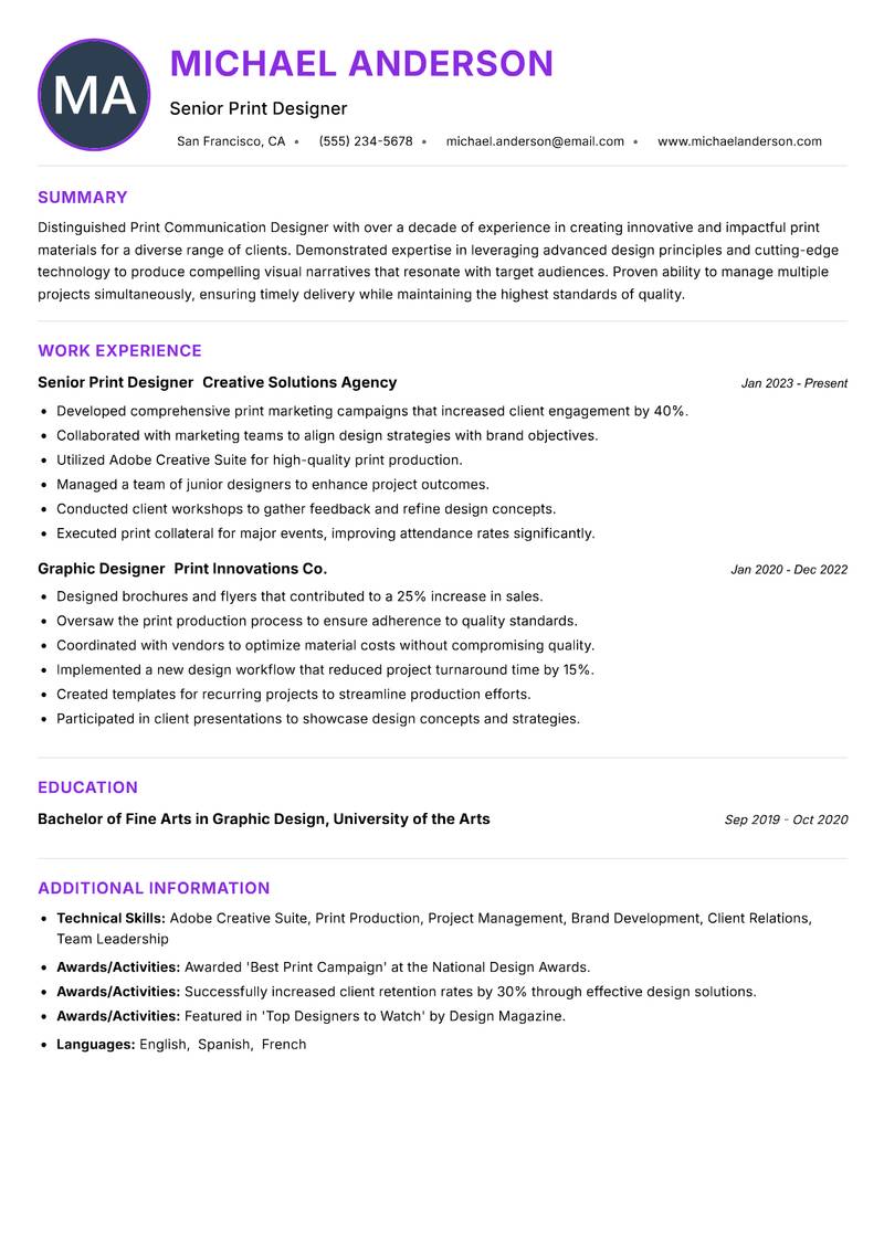 Print Communication Designer Resume Preview Example