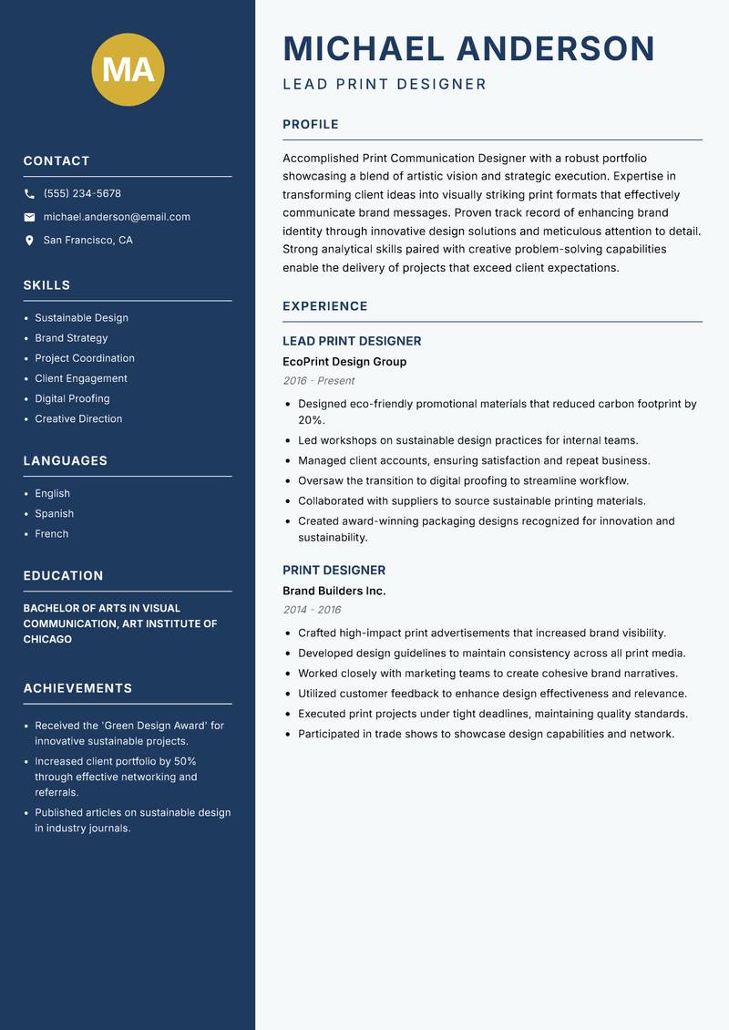 Print Communication Designer Resume Preview Example