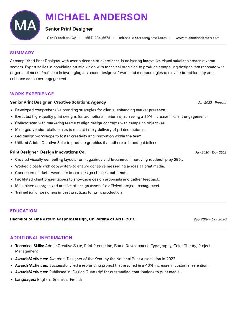 Print Designer Resume Preview Example