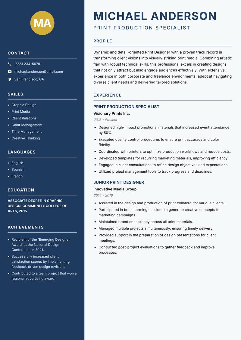 Print Designer Resume Preview Example