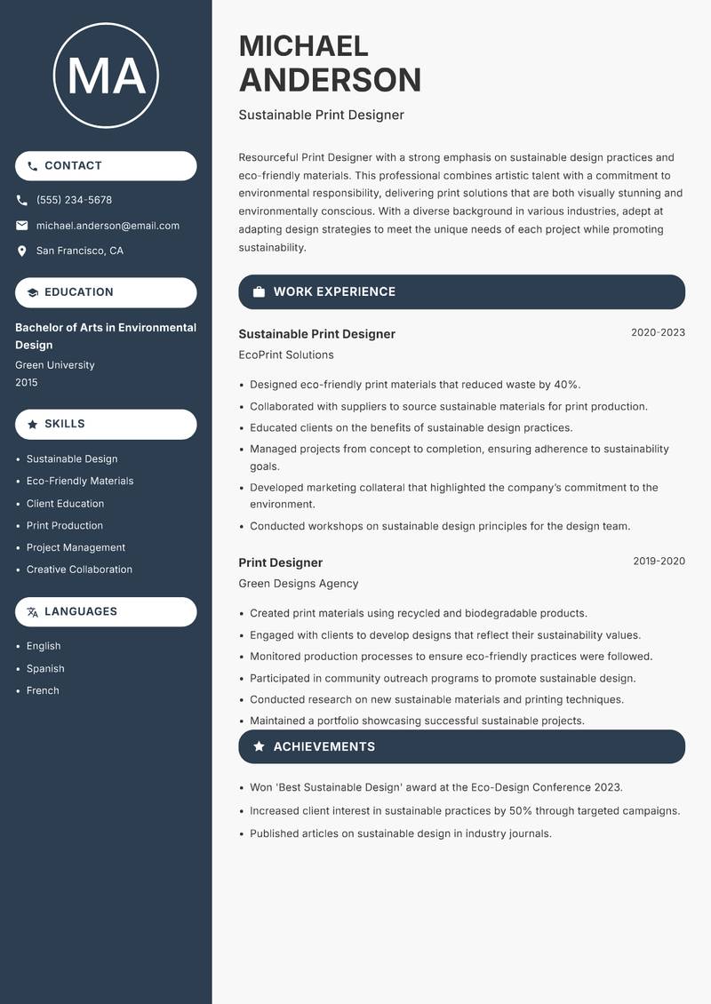 Print Designer Resume Preview Example