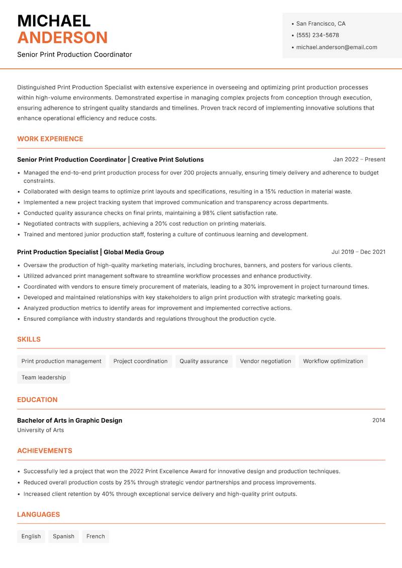 Print Production Specialist Resume Template