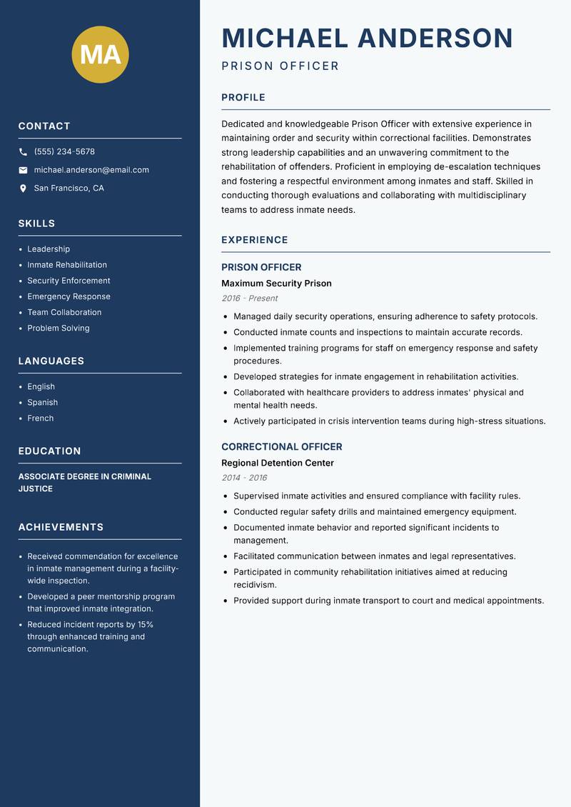 Prison Officer Resume Preview Example