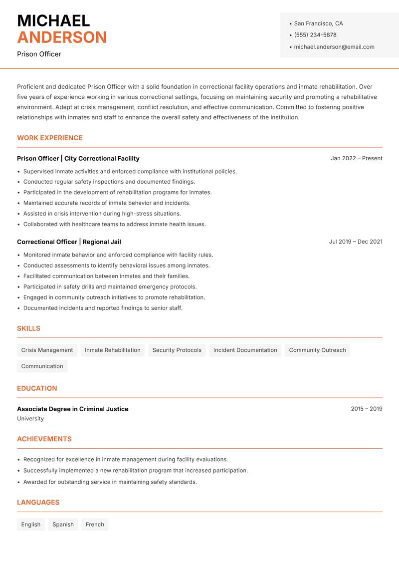 Prison Officer Resume Template