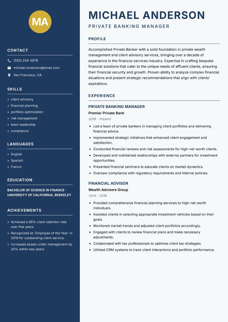 Private Banker Resume Preview Example