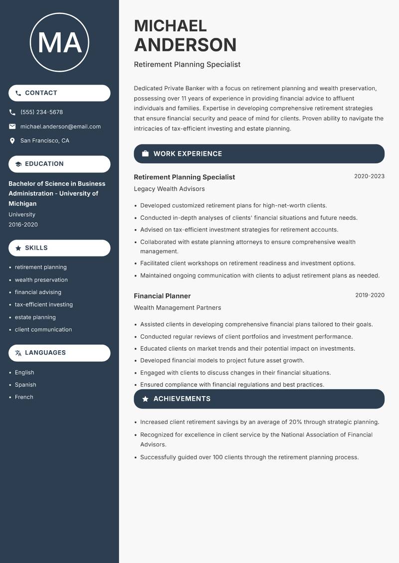 Private Banker Resume Preview Example