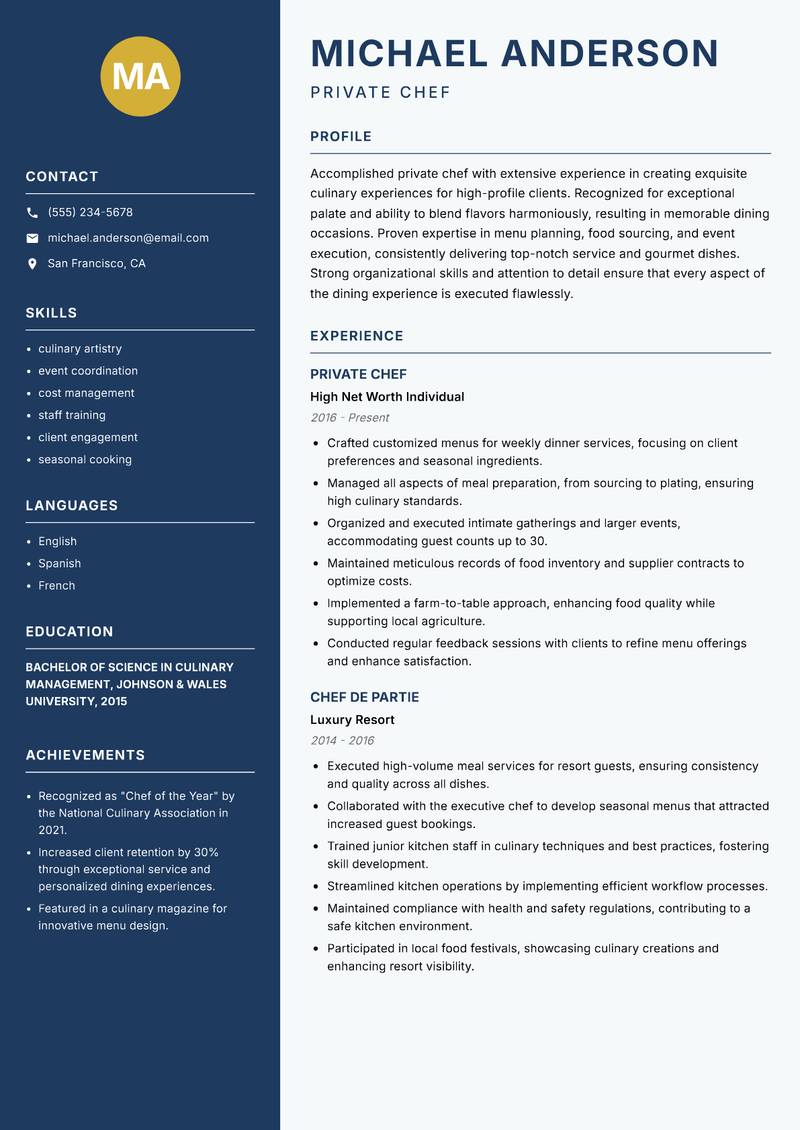 Private Chef Resume Preview Example