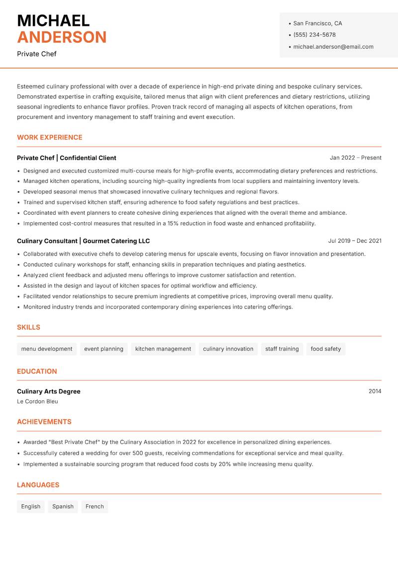 Private Chef Resume Template