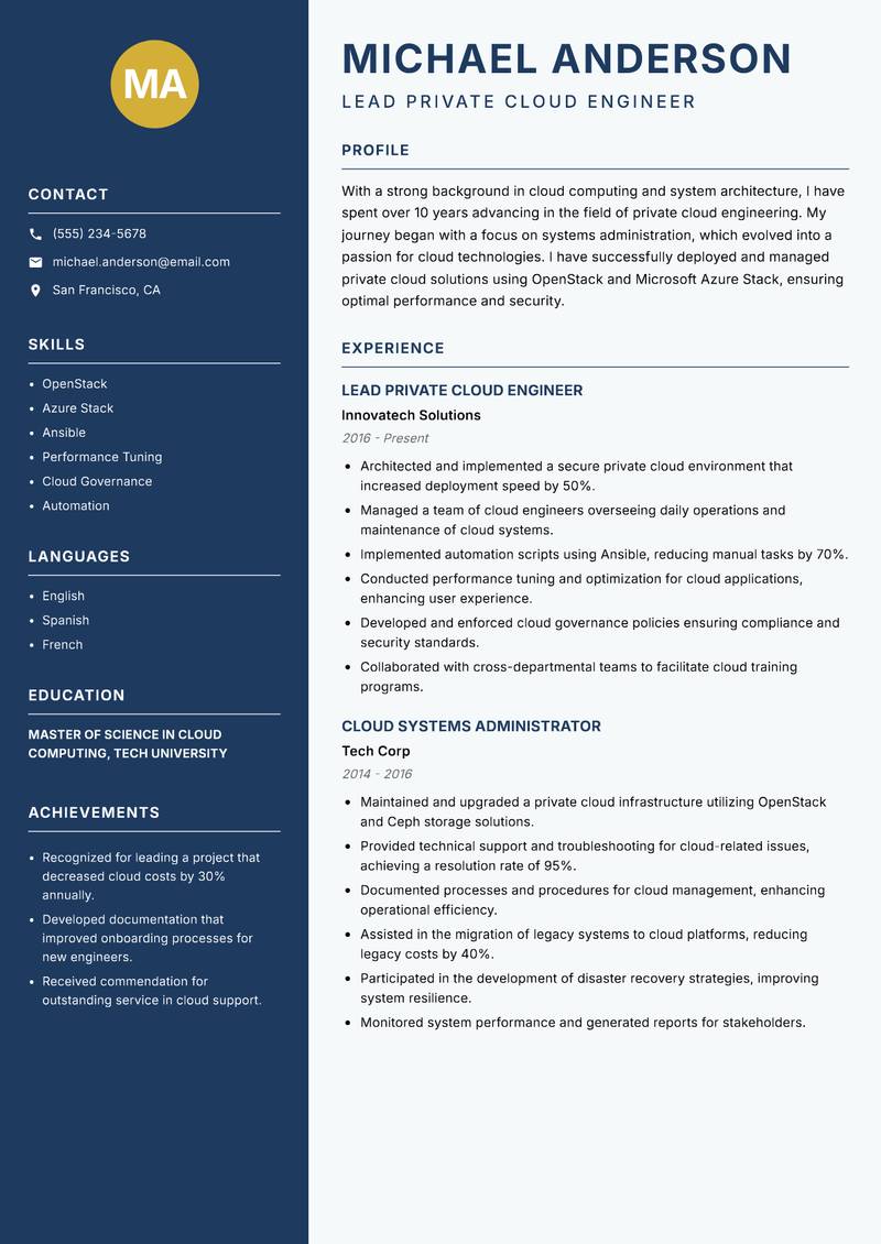 Private Cloud Engineer Resume Preview Example