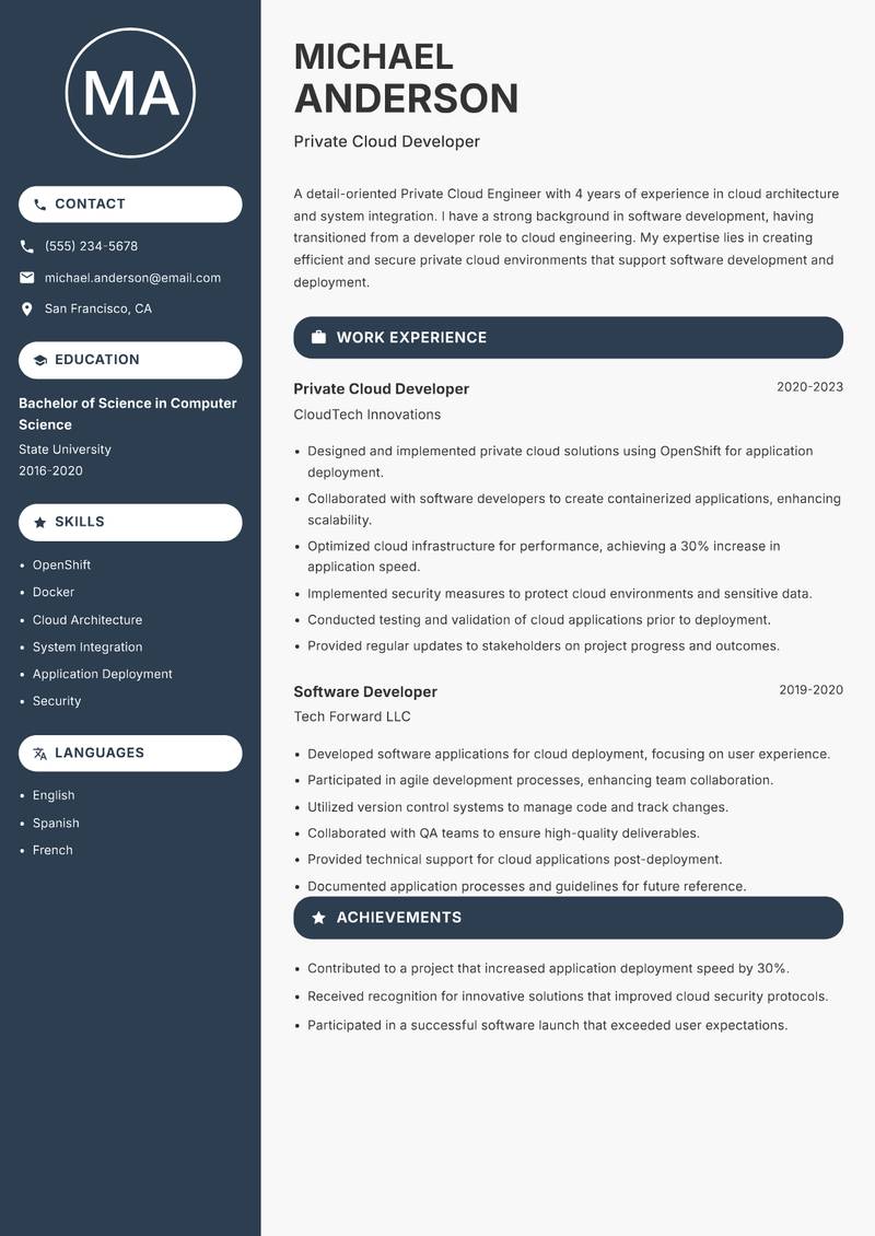 Private Cloud Engineer Resume Preview Example