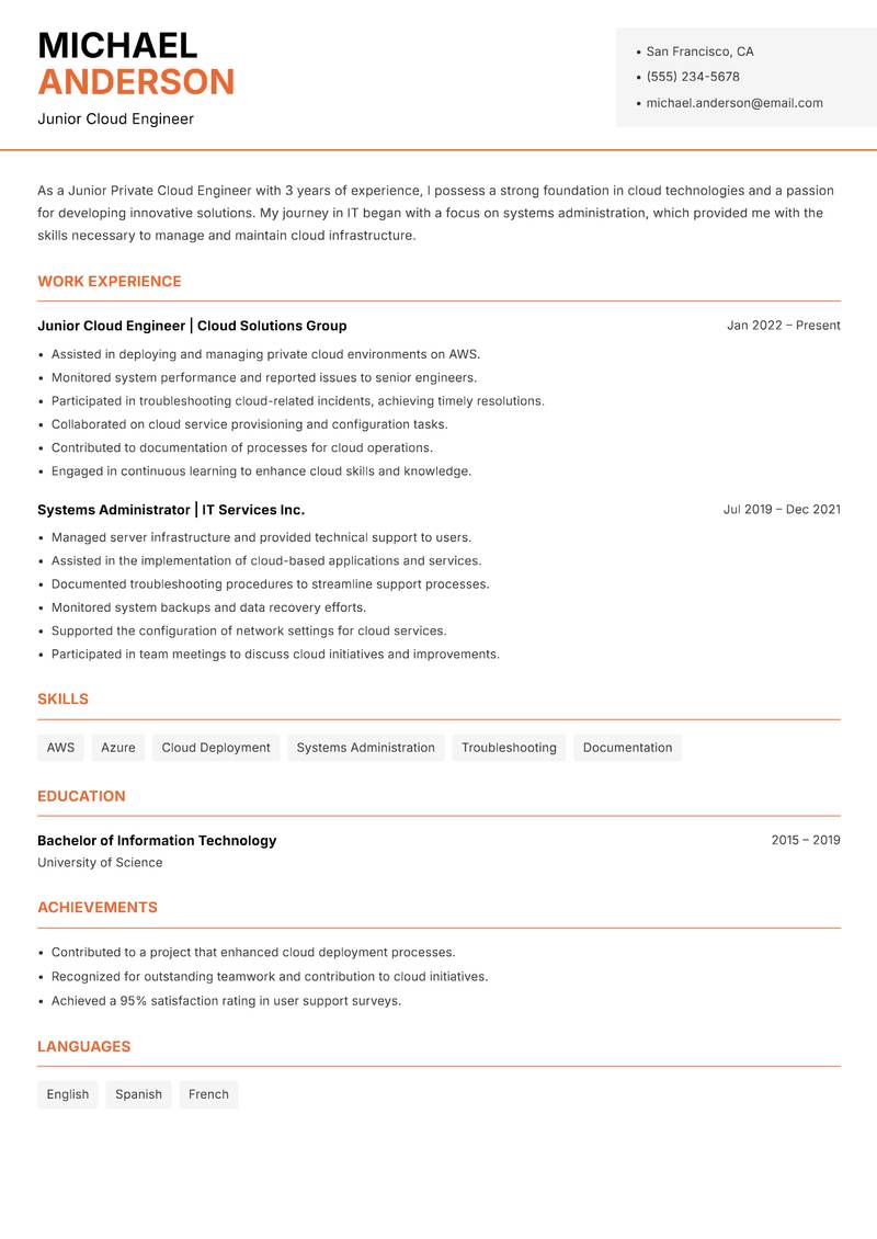 Private Cloud Engineer Resume Template