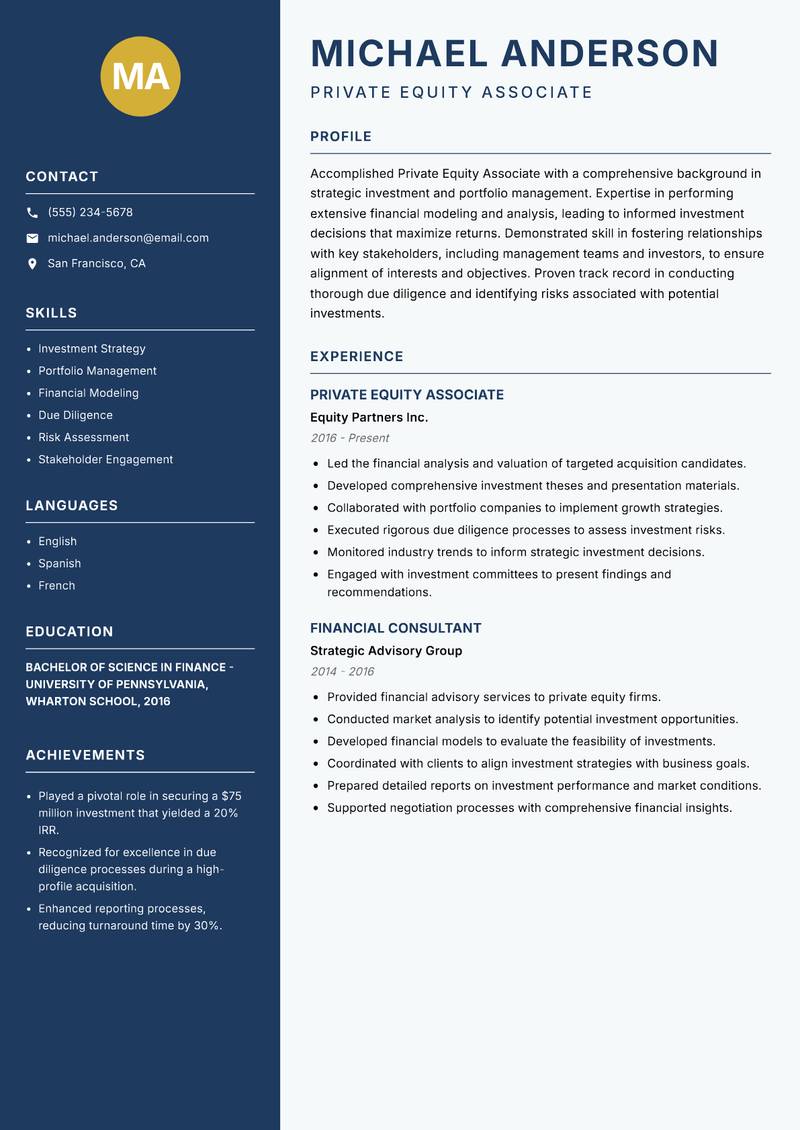 Private Equity Associate Resume Preview Example