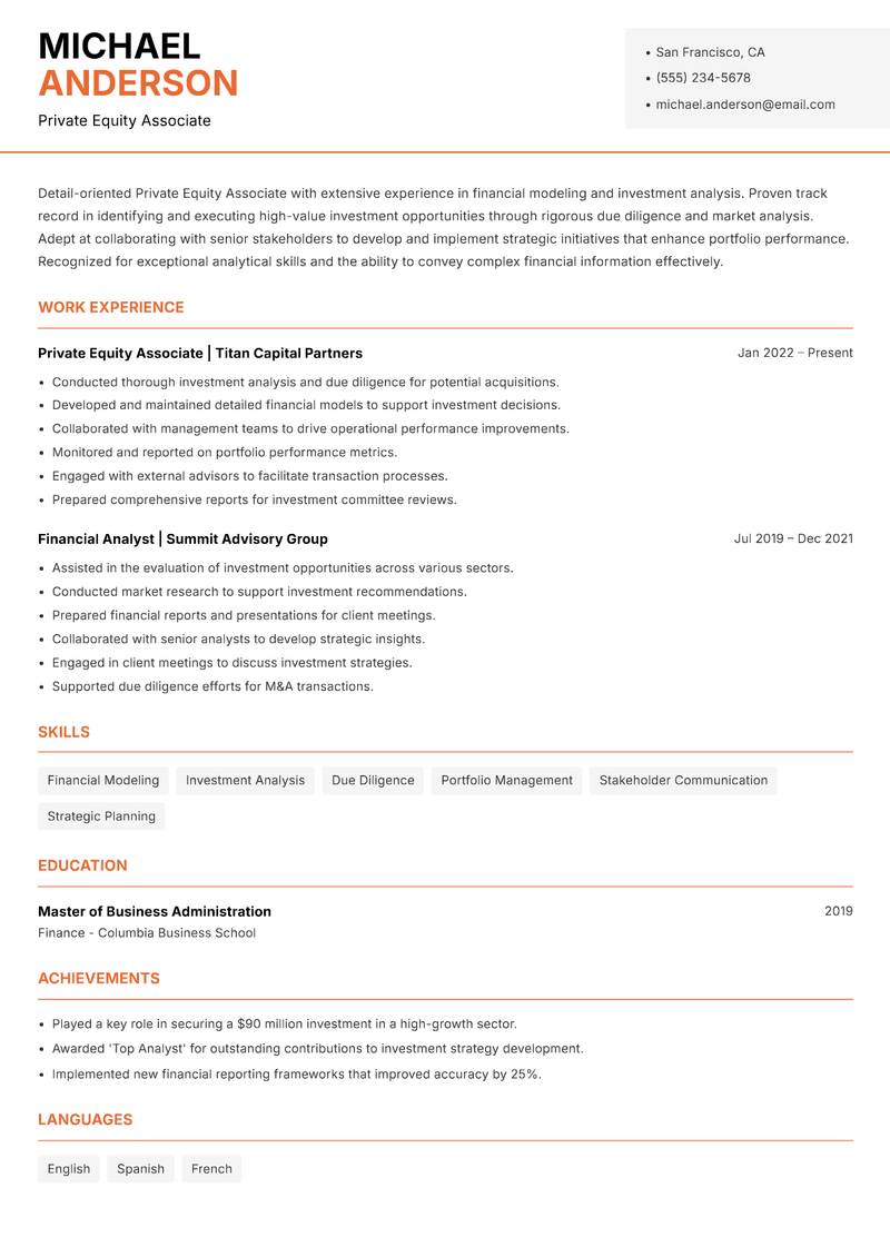 Private Equity Associate Resume Template