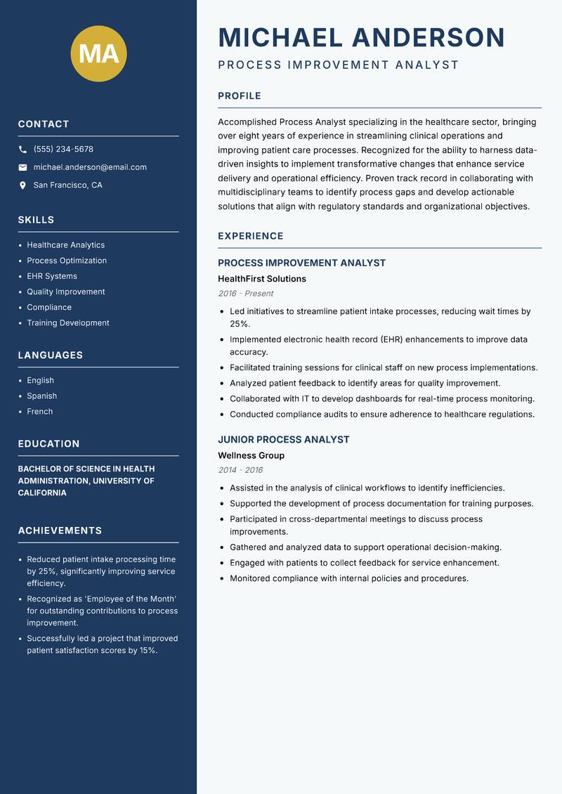 Process Analyst Resume Preview Example