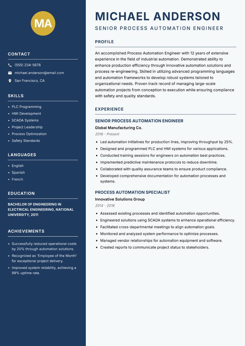 Process Automation Engineer Resume Preview Example