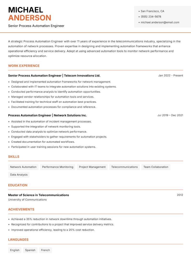 Process Automation Engineer Resume Template
