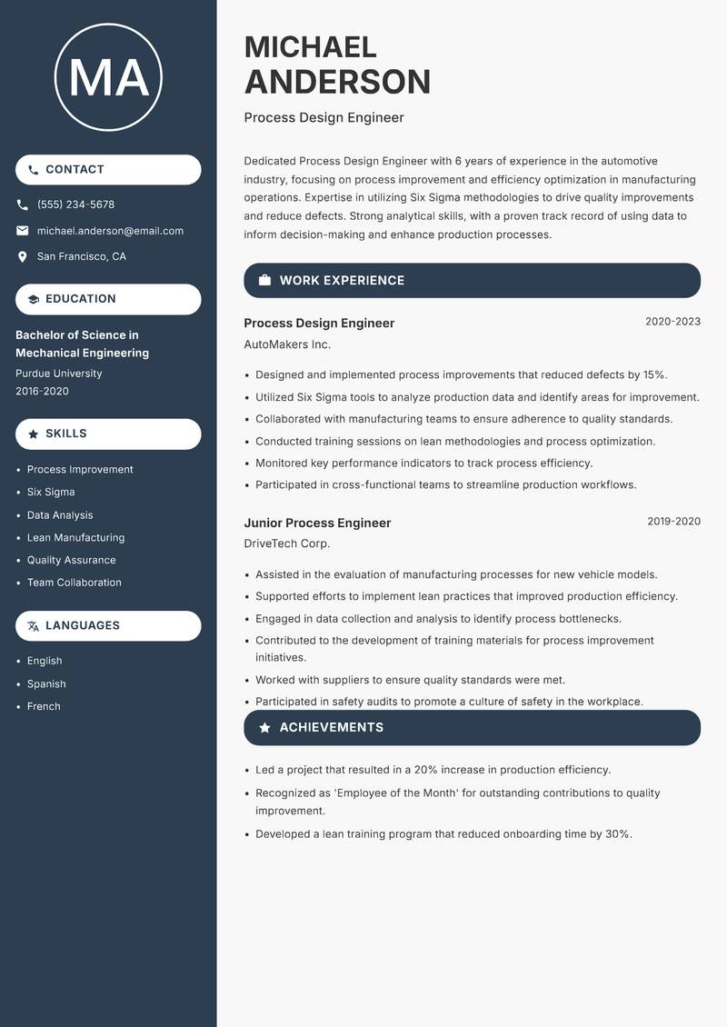 Process Design Engineer Resume Preview Example