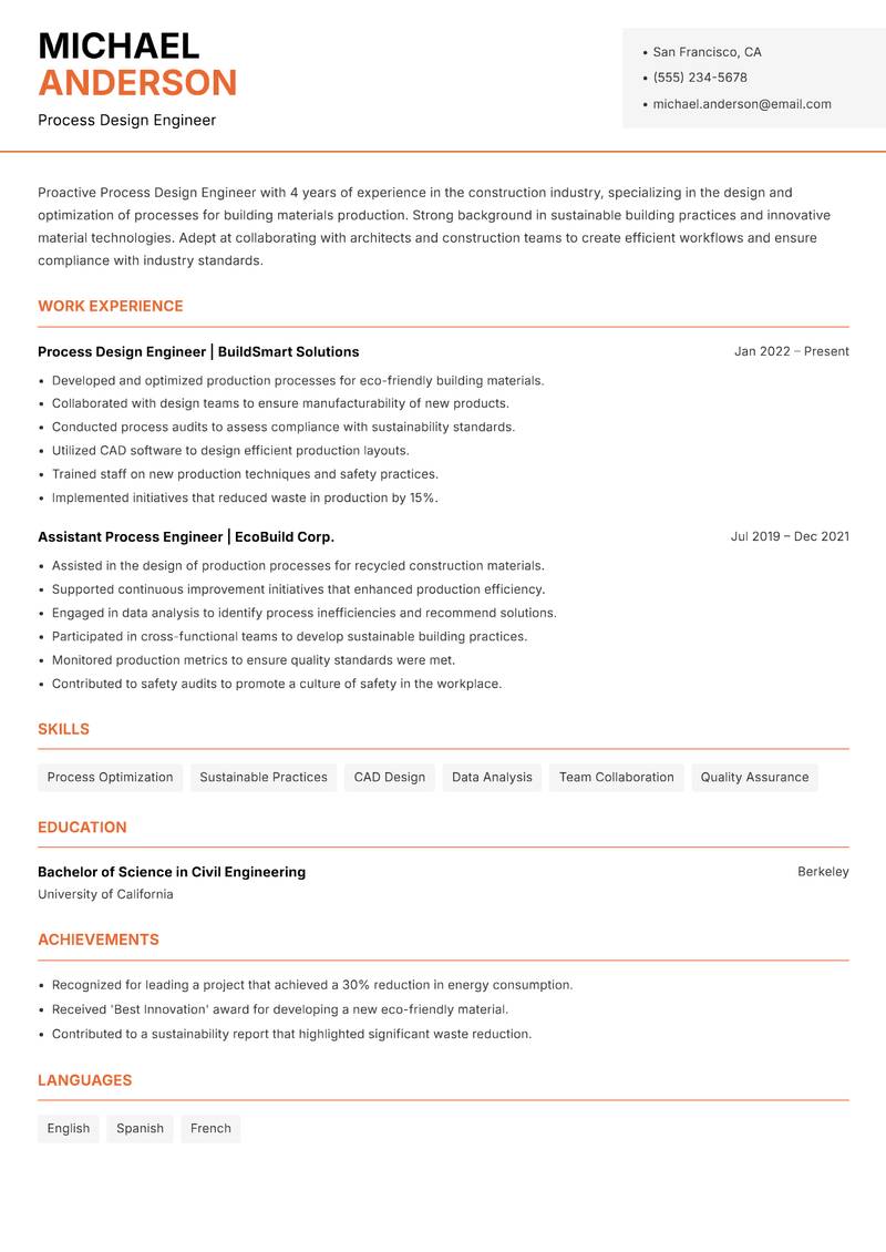 Process Design Engineer Resume Template