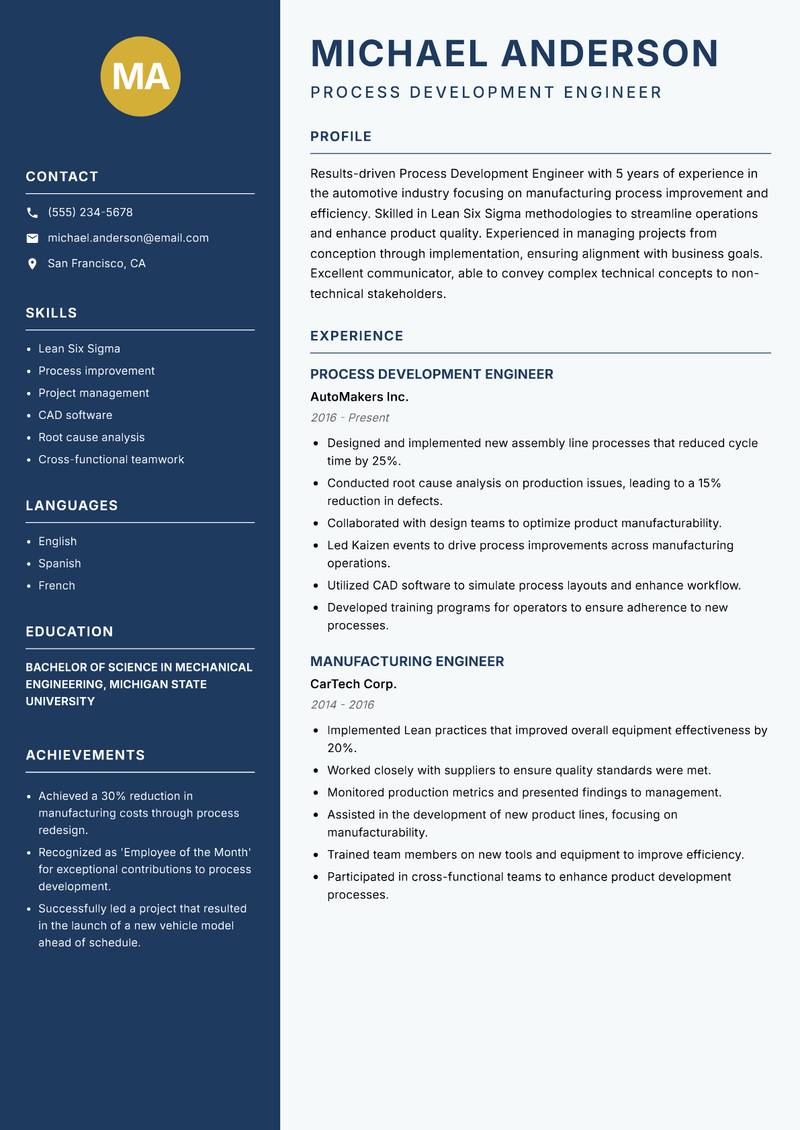 Process Development Engineer Resume Preview Example