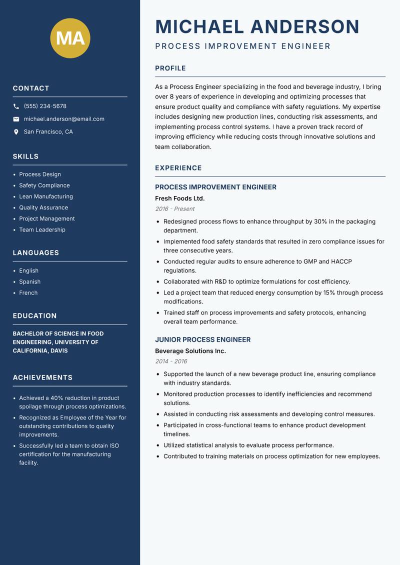 Process Engineer Resume Preview Example