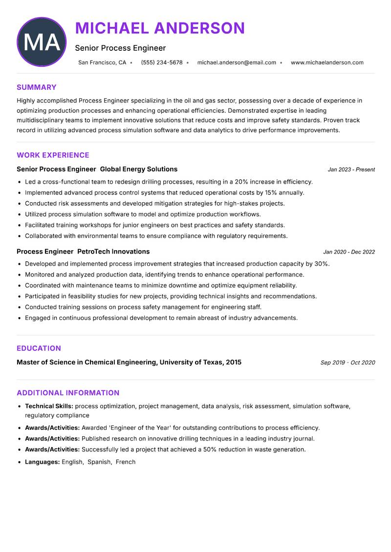 Process Engineer Oil Gas Resume Preview Example