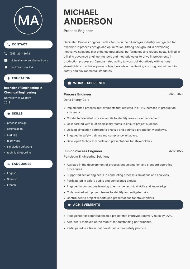 Process Engineer Oil Gas Resume Preview Example