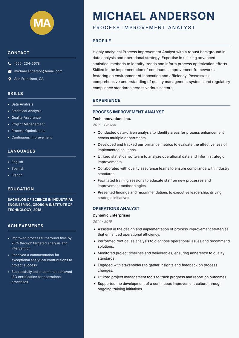 Process Improvement Analyst Resume Preview Example