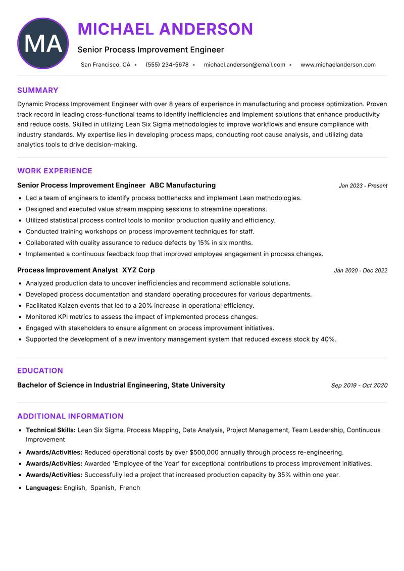 Process Improvement Engineer Resume Preview Example