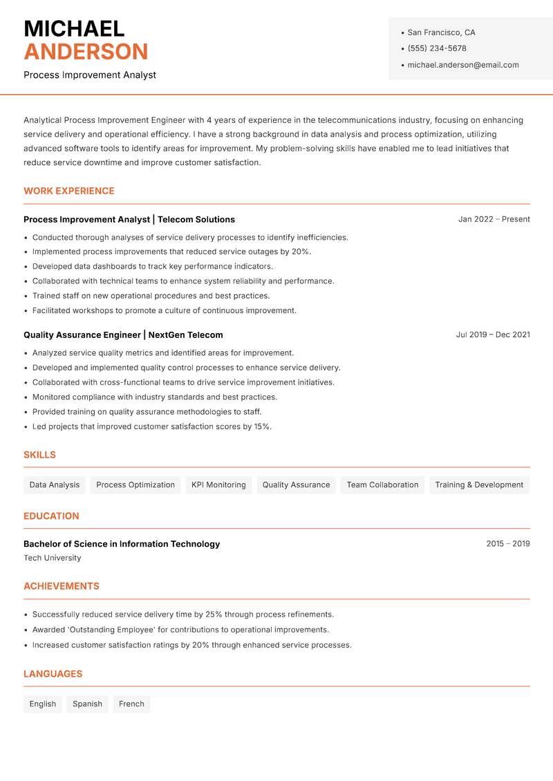 Process Improvement Engineer Resume Template