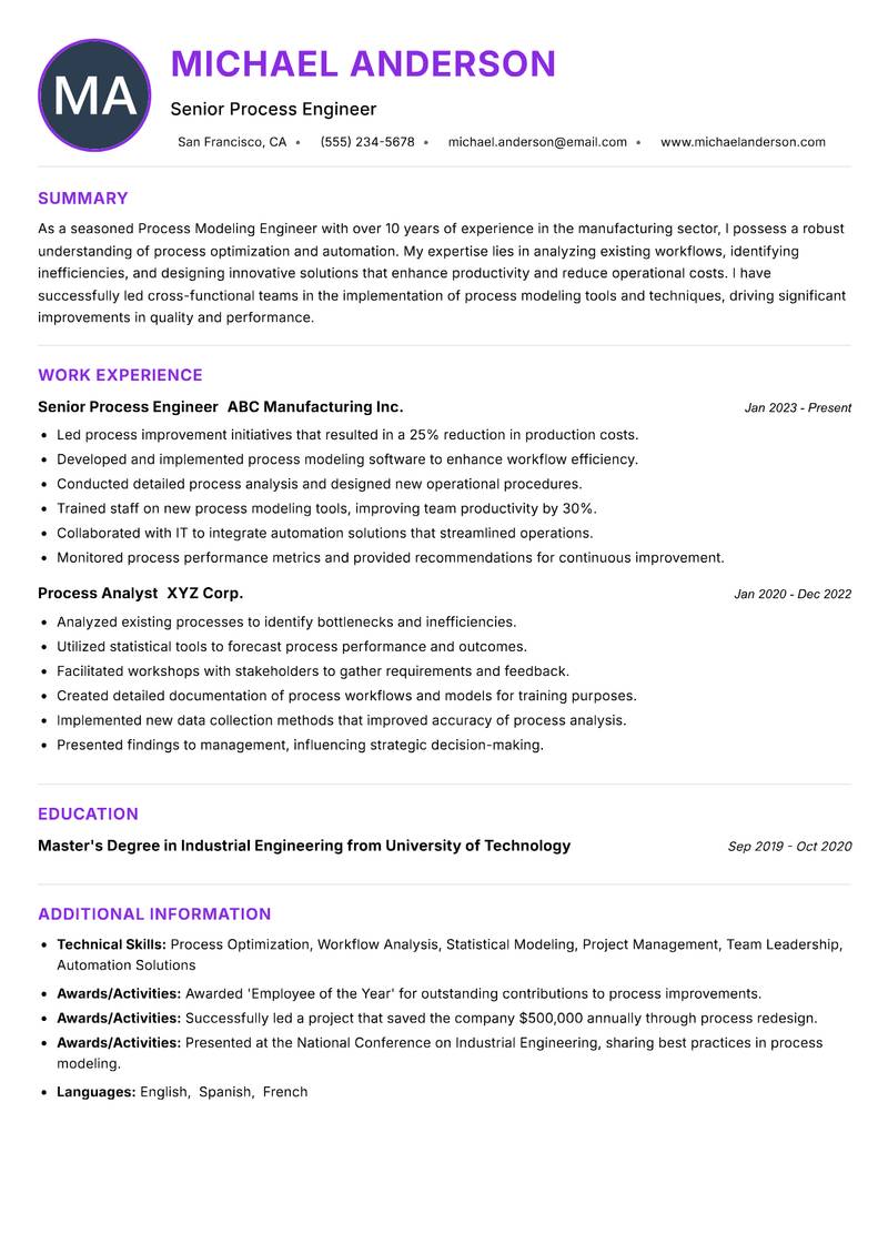 Process Modeling Engineer Resume Preview Example