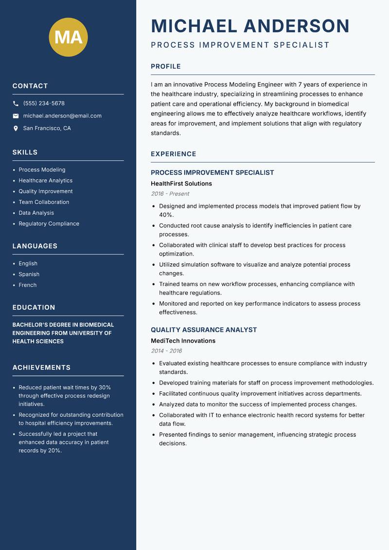 Process Modeling Engineer Resume Preview Example