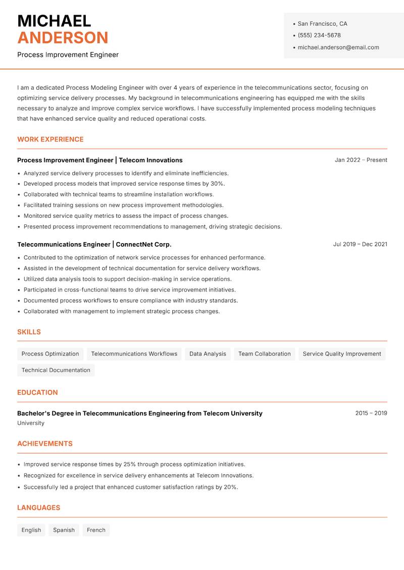 Process Modeling Engineer Resume Template