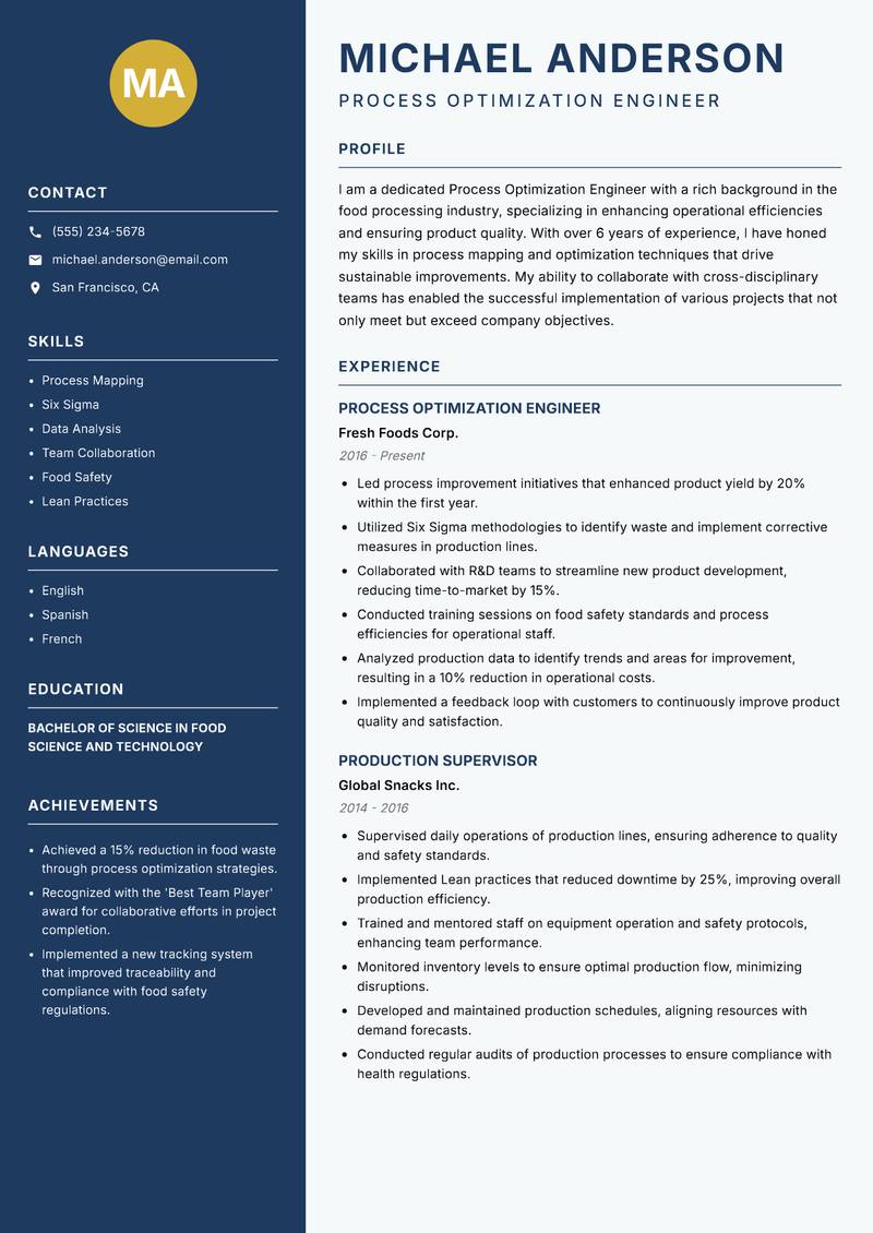 Process Optimization Engineer Resume Preview Example