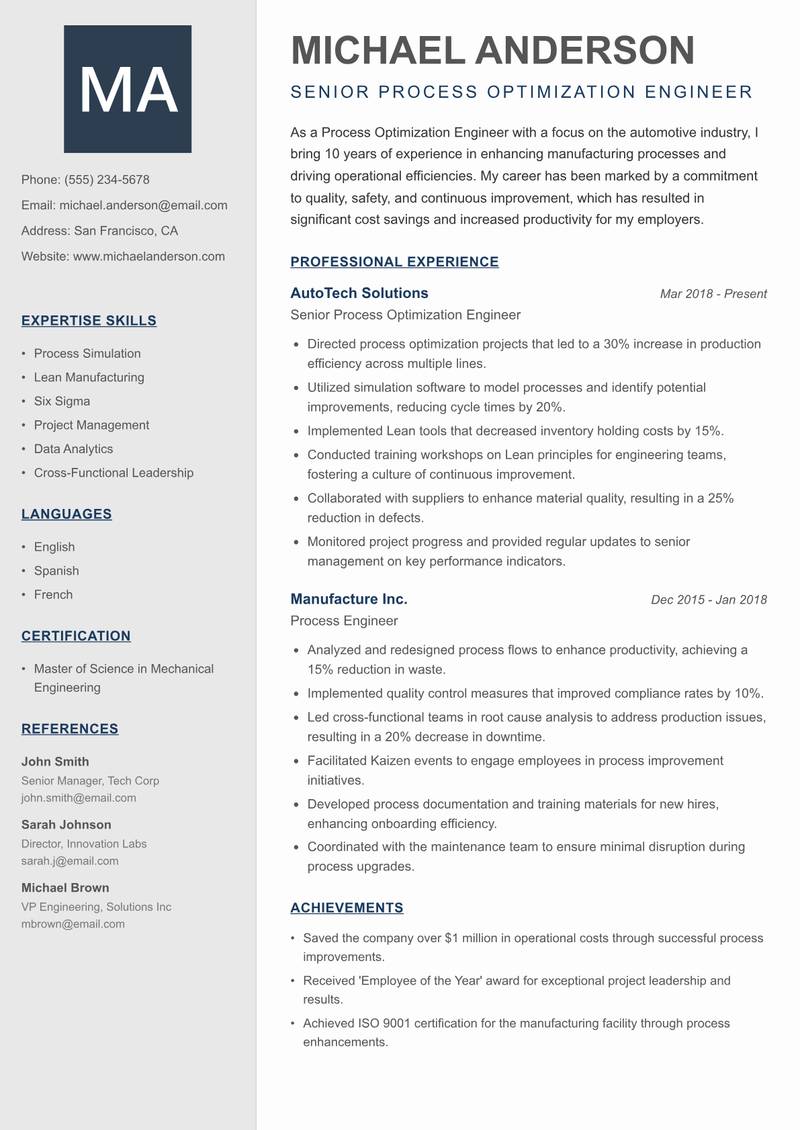 Process Optimization Engineer Resume Preview Example