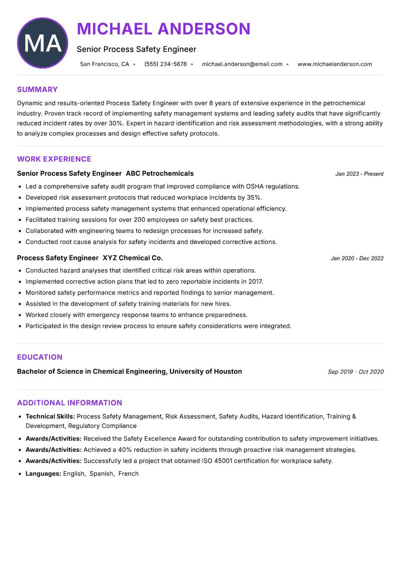 Process Safety Engineer Resume Preview Example