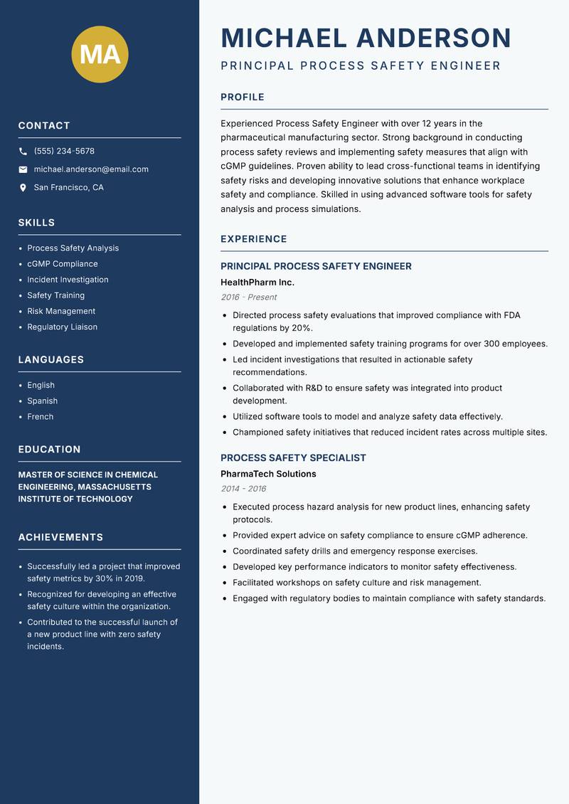 Process Safety Engineer Resume Preview Example
