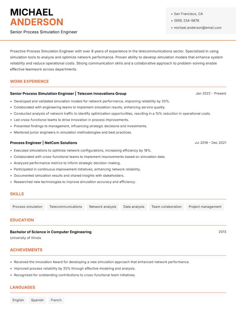 Process Simulation Engineer Resume Template