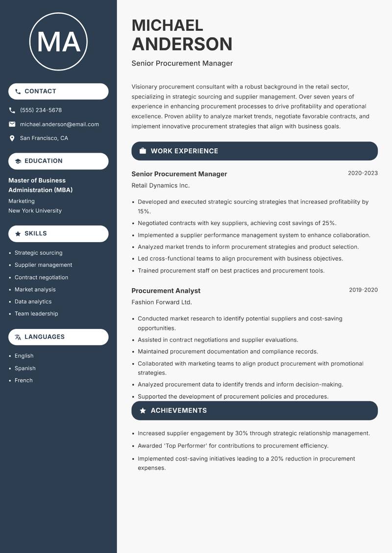 Procurement Consultant Resume Preview Example