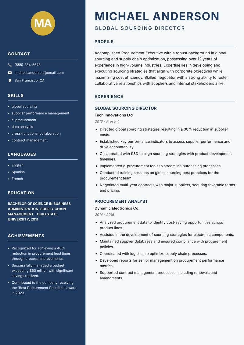 Procurement Executive Resume Preview Example